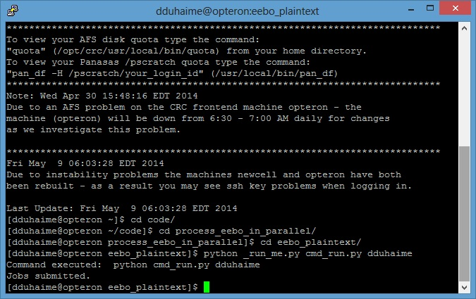 Screenshot showing command to submit batch processing command to the SGE cluster.