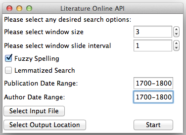 Screenshot of the Literature Online API GUI compiled with Tkinter.